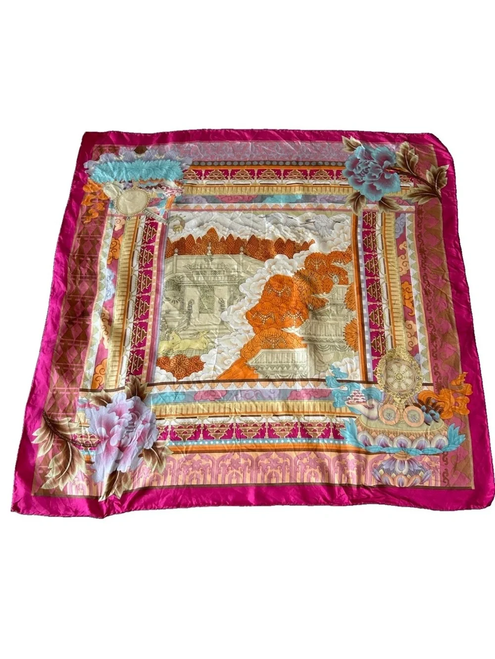 Silk Scarf 34” Tibetan Asian Temple Floral Crane Hand Rolled Fuchsia
